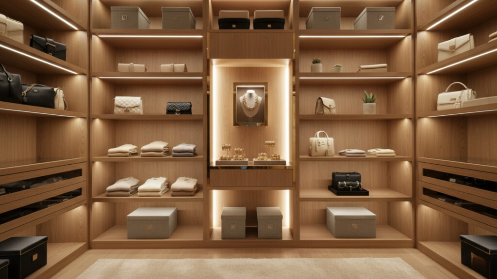 open shelving with display sections