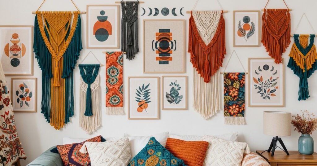 Boho Funky Wall Art with Colorful Macrame and Prints