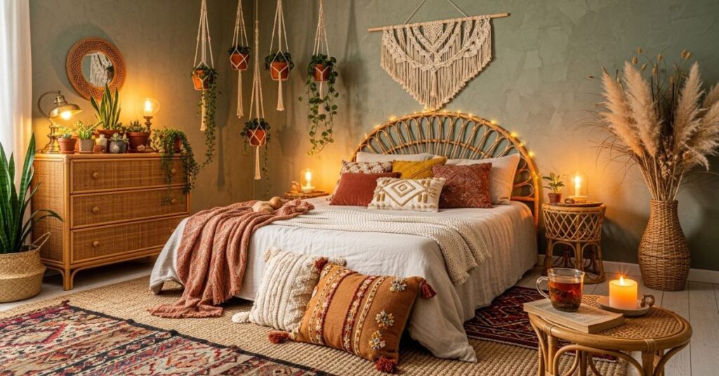 Boho Sage Green Bedroom with Natural Elements
