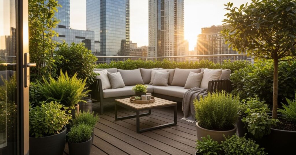 Cozy Rooftop Garden With Wooden Deck
