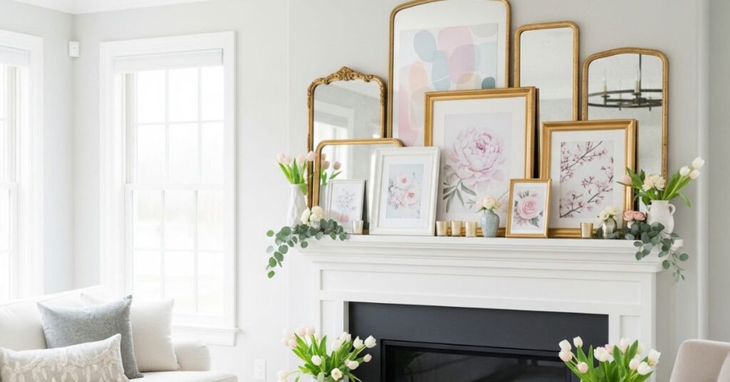 DIY Spring Mantel with Layered Mirrors & Frames