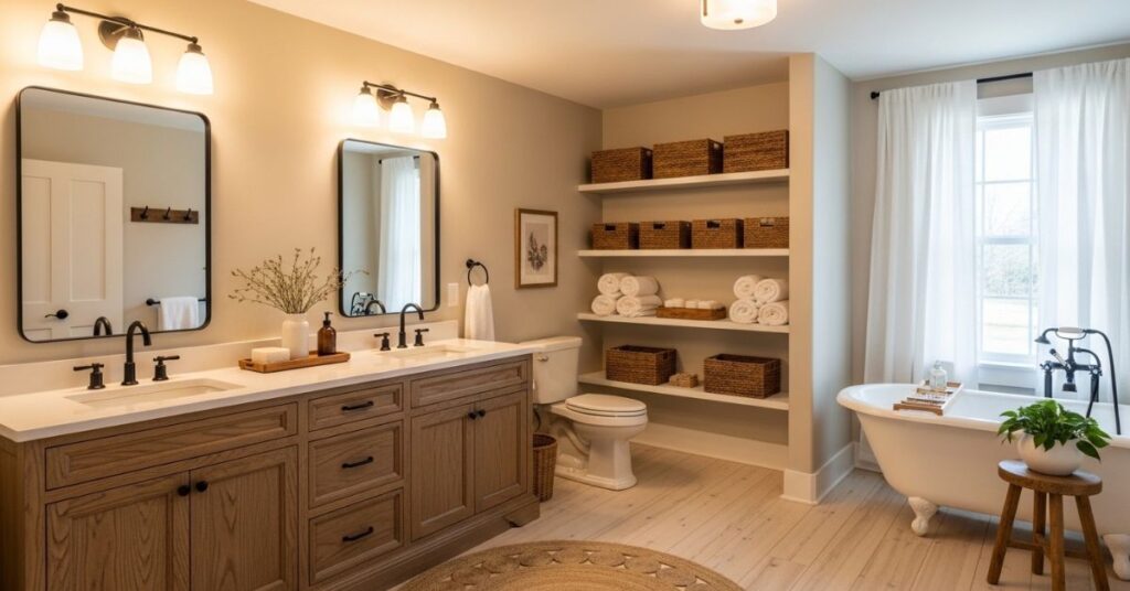 Double Sink Farmhouse Vanity with Storage