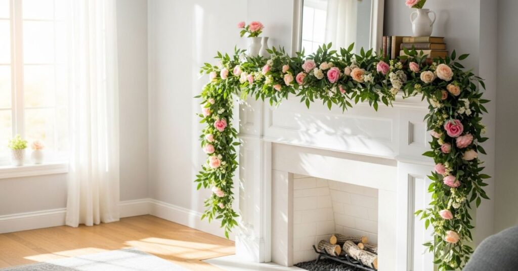 Floral Garland Draped Mantel Design