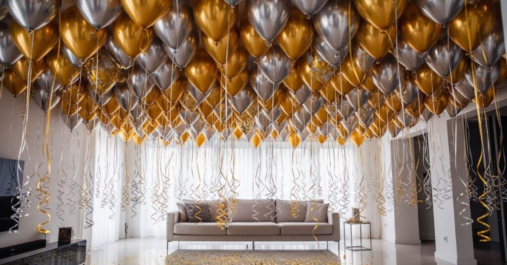 Gold and Silver Balloon Ceiling Decor