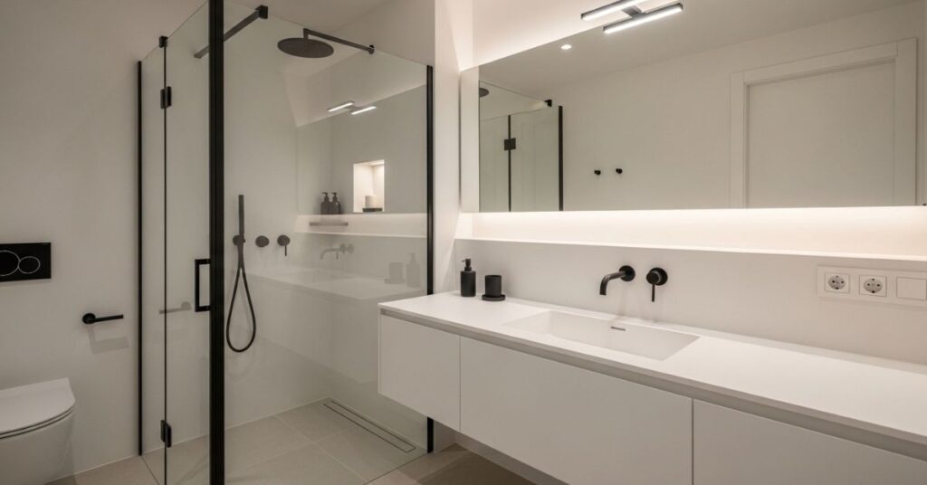 Neutral Bathroom with Black Contrast Fixtures
