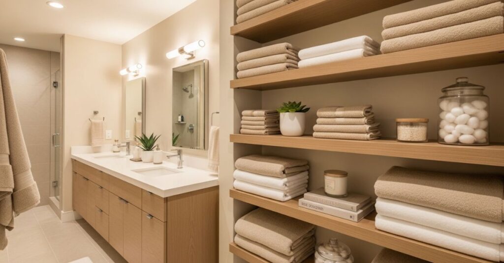 Neutral Bathroom with Open Shelving