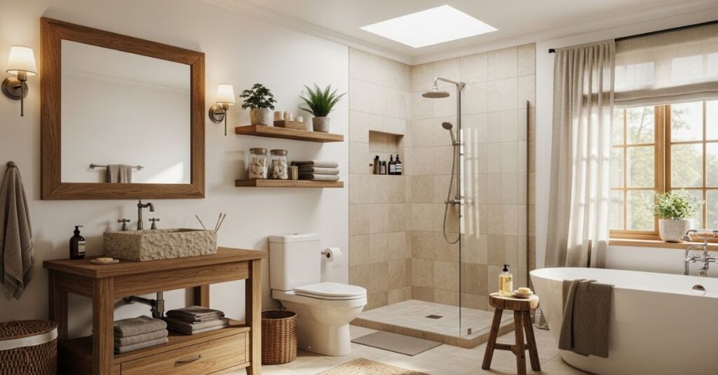 Neutral Bathroom with Wooden Accents