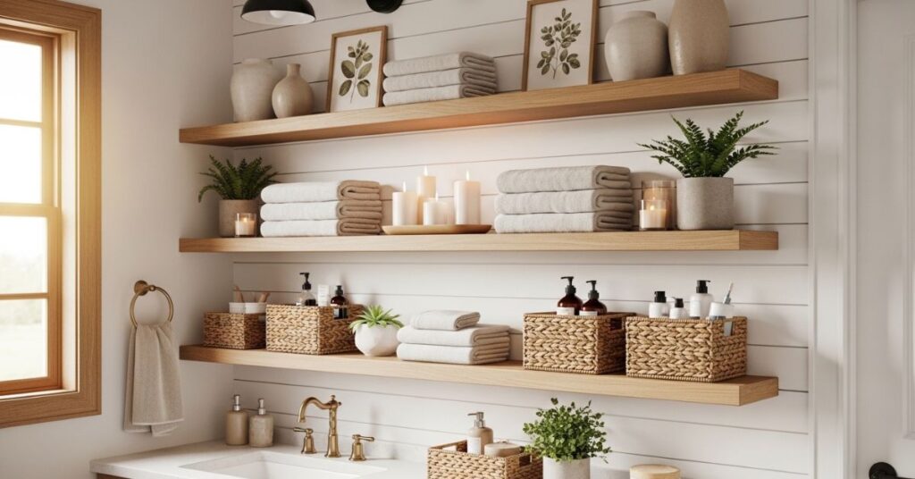 Open Wooden Shelves with Decor