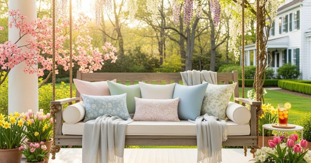 Porch Swing with Layered Throws and Pillows