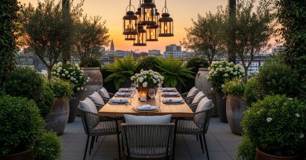 Rooftop Garden With Outdoor Dining Area