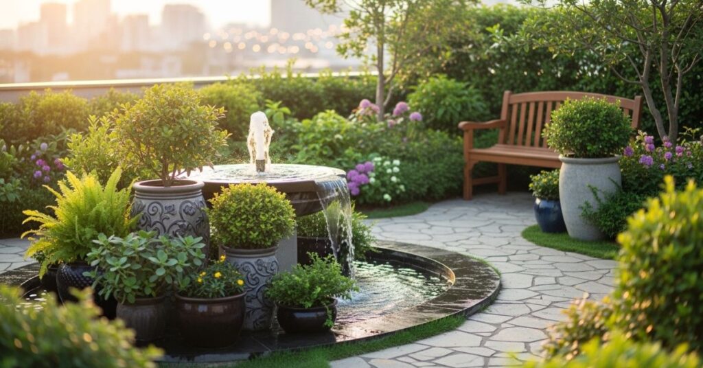 Rooftop Garden With Water Feature