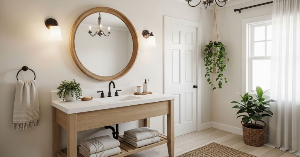 Round Wooden Mirror for Soft Contrast