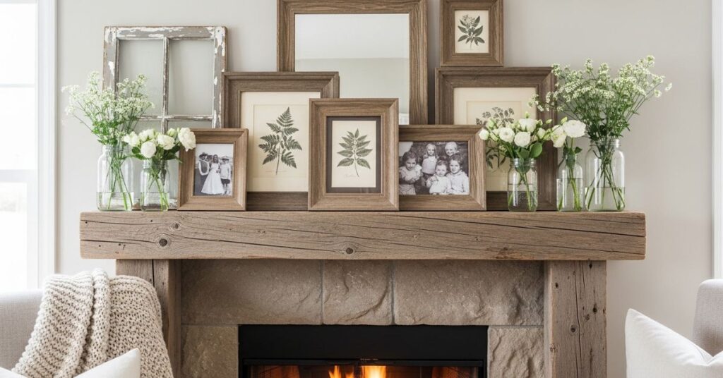 Rustic Farmhouse Spring Mantel with Wooden Accents