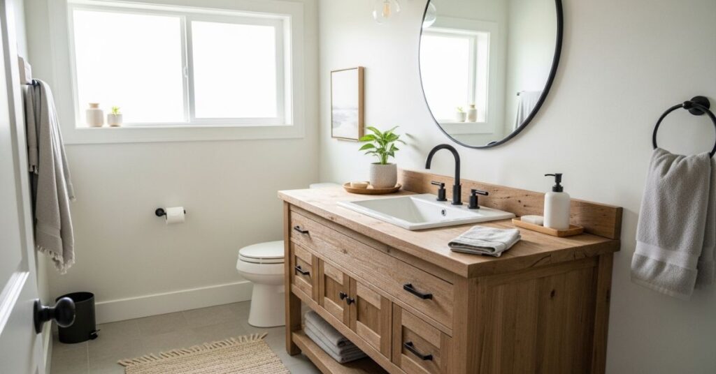 Rustic Wood Vanity with Matte Black Fixtures