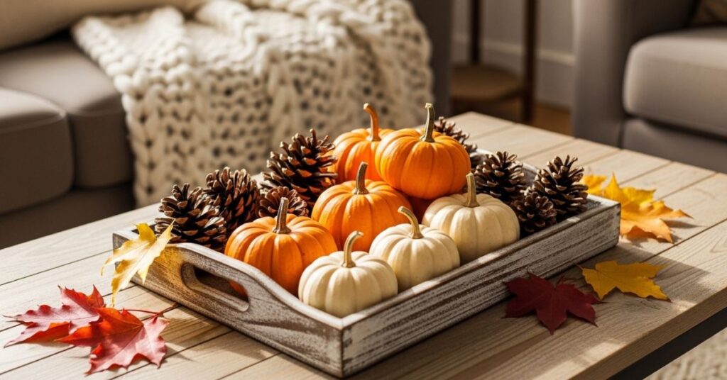 Rustic Wooden Tray with Mini Pumpkins