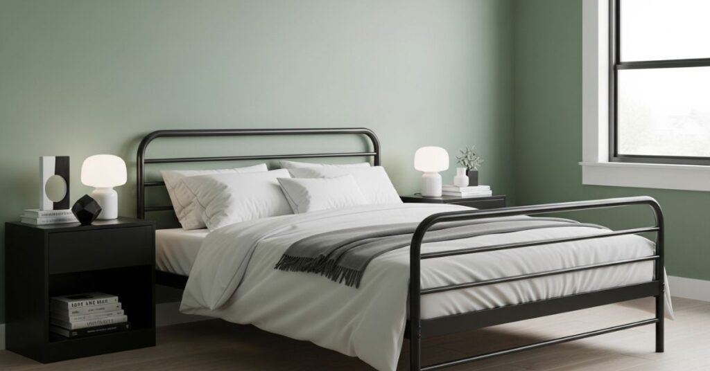 Sage Green Bedroom with Black Contrast Elements