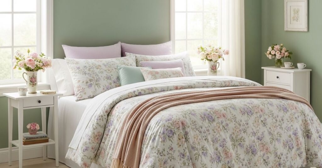 Sage Green Bedroom with Floral Decor