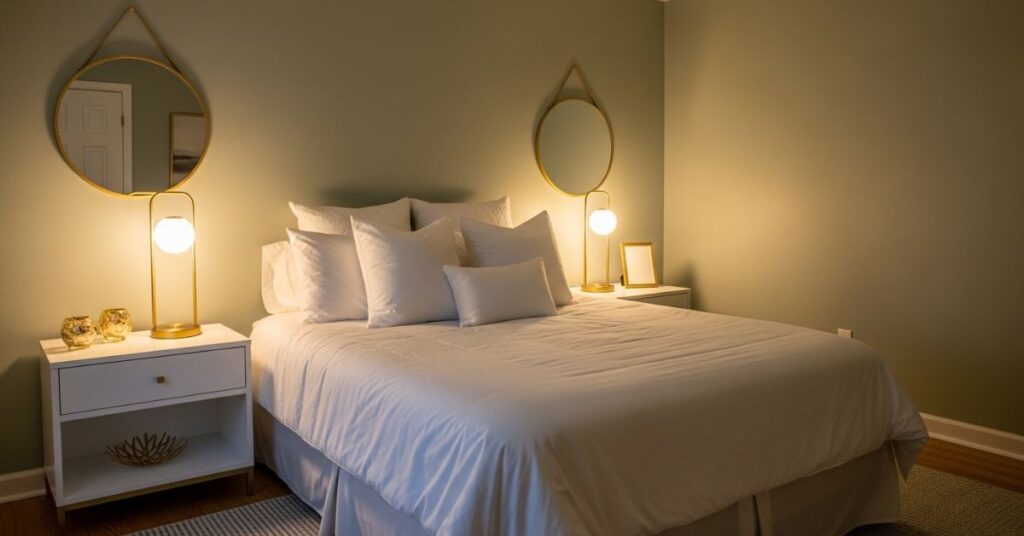 Sage Green Bedroom with Gold Accents