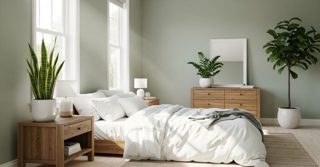 Sage Green Bedroom with Indoor Plants