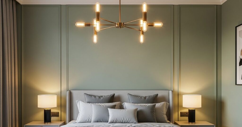 Sage Green Bedroom with Statement Lighting