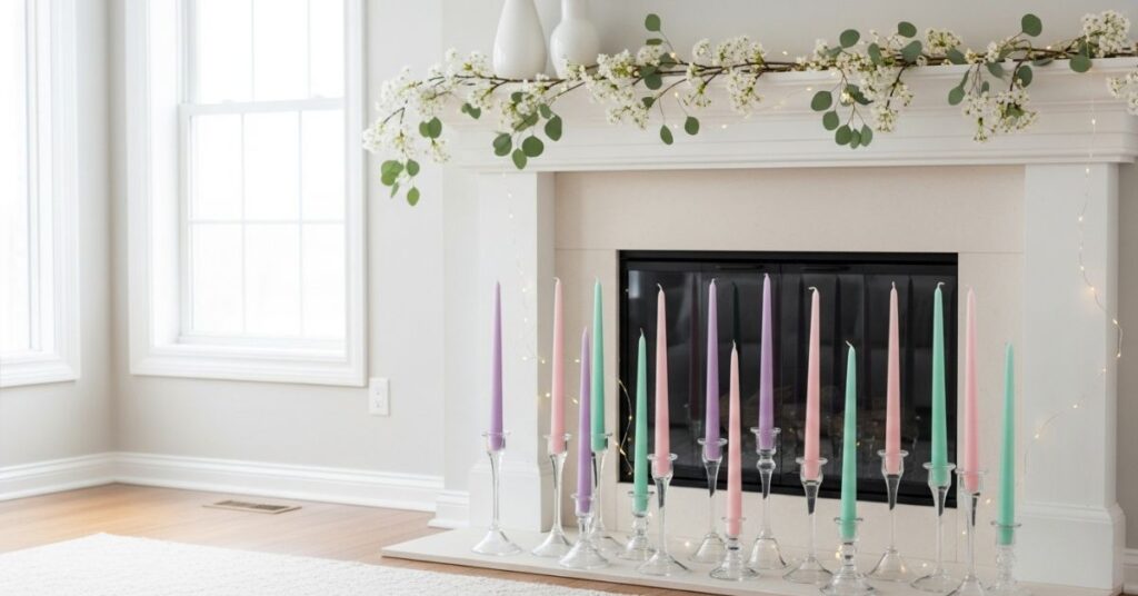 Spring Mantel with Pastel Candles and Glass Holders