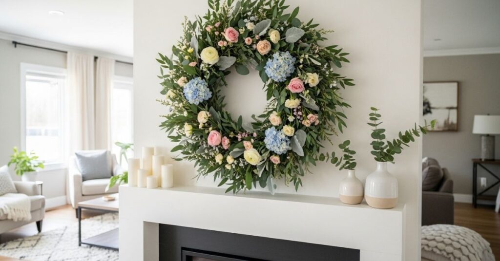 Spring Wreath Centerpiece Above the Mantel