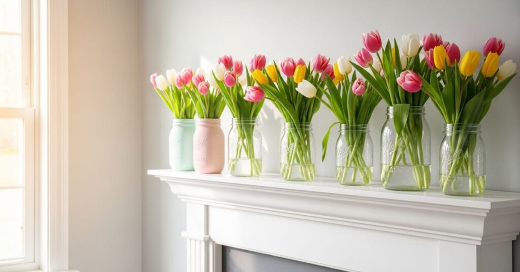 Tulip Filled Mason Jar Mantel Display