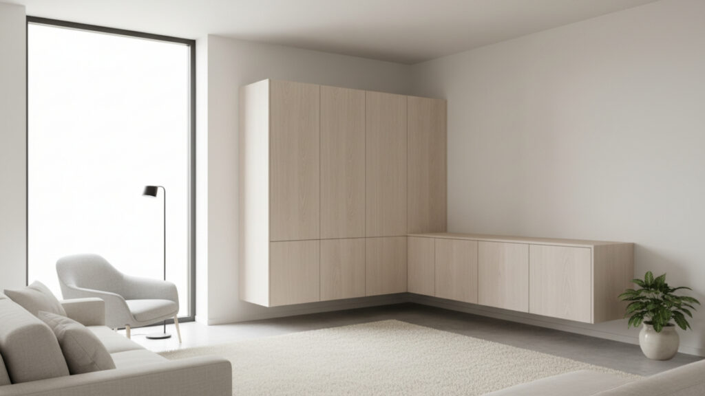 Floating Corner Cabinets for Concealed Storage