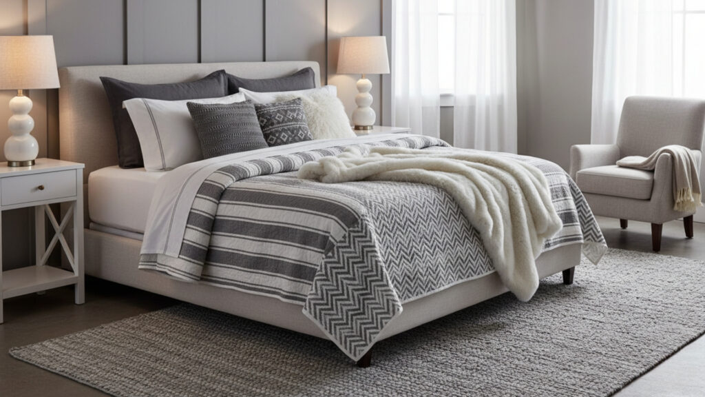 Layered Bedding with Gray, White, and Neutral Textures for Comfort