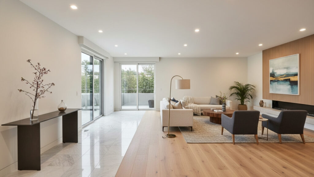 marble and wood combination flooring