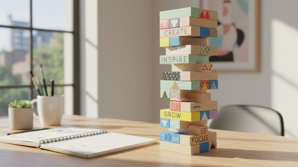 Painted Jenga Blocks as Colorful Desk Decor