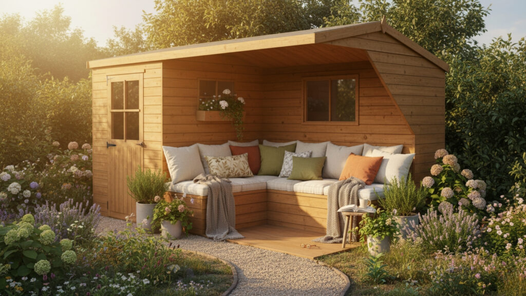 Shed with Built-In Seating for Relaxation and Function