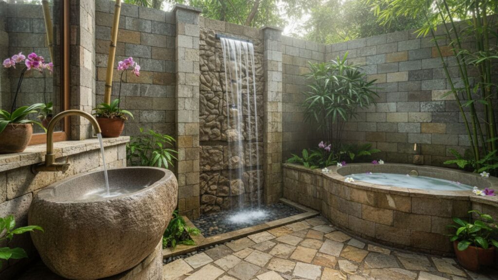Stone Outdoor Bathroom for a Natural Spa Feel