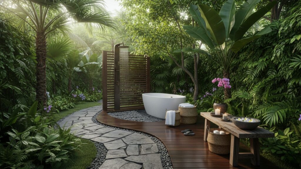 Tropical Outdoor Bathroom with Lush Greenery