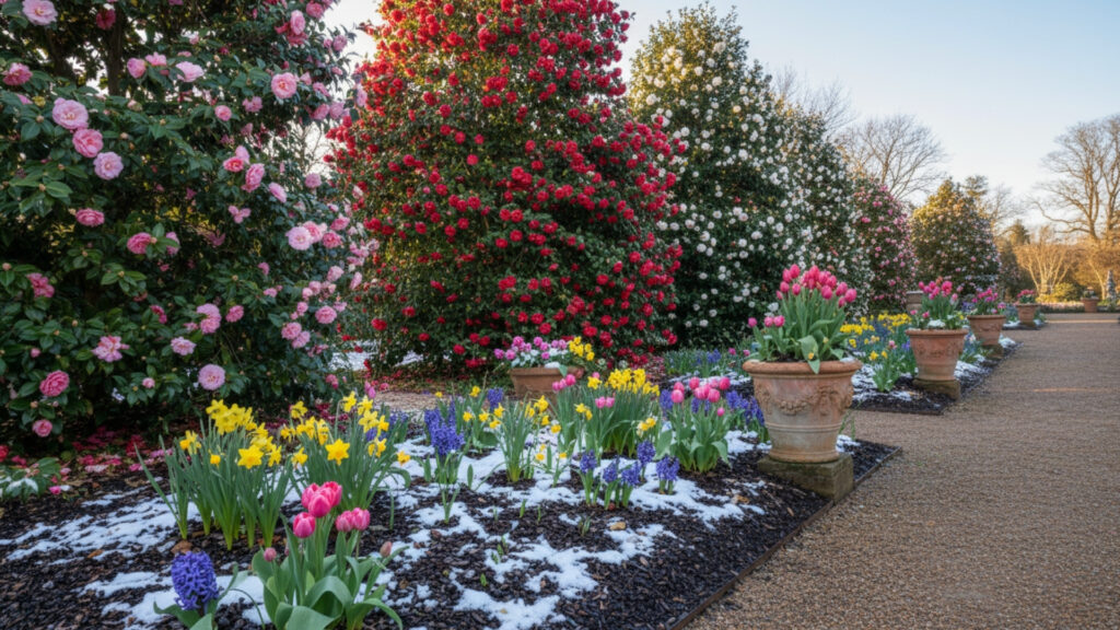 Winter Camellias and Seasonal Bulbs for Continuous Blooms
