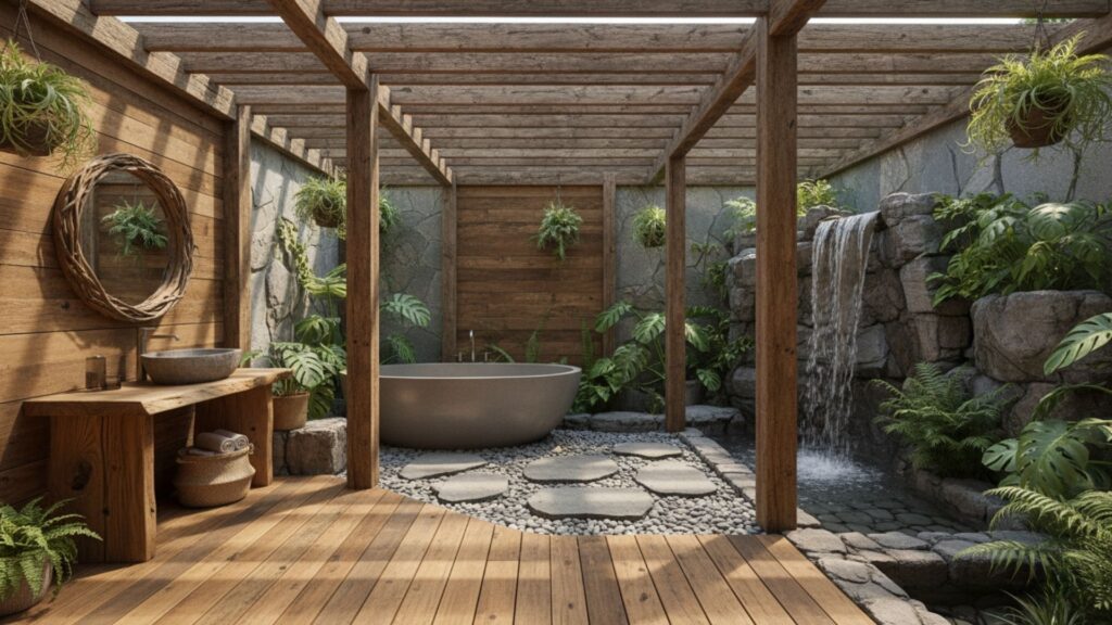 Wooden Deck Outdoor Bathroom for Warm Rustic Style