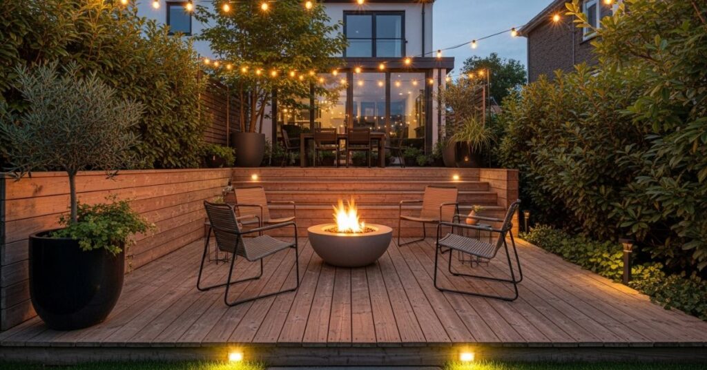 Backyard Fire Pit with Wooden Deck Design