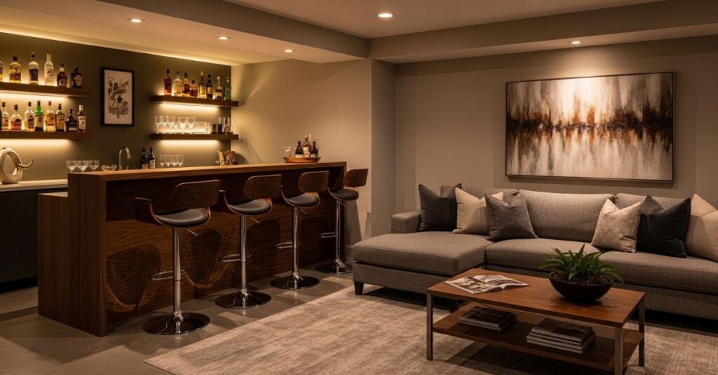 Basement Family Room with Bar and Lounge Corner Ideas