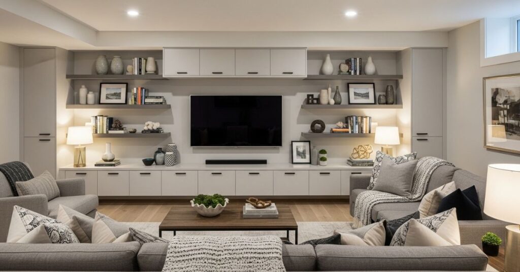 Basement Family Room with Built-in Storage Ideas