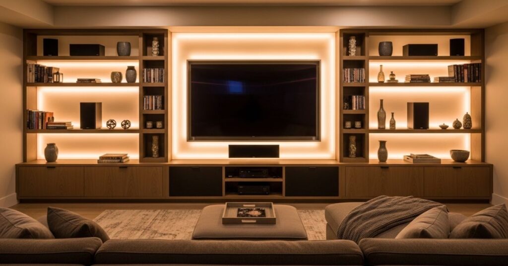 Basement Family Room with Entertainment Wall Ideas