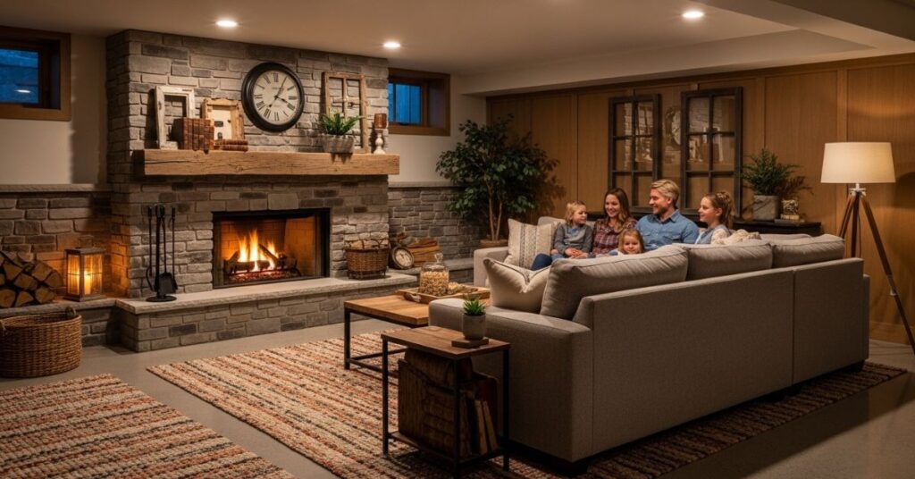 Basement Family Room with Fireplace Designs