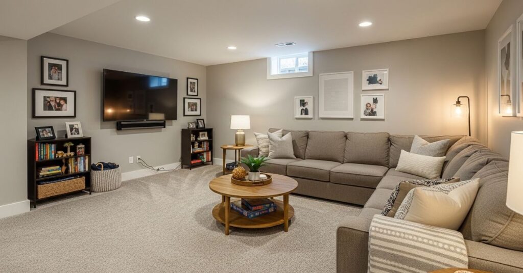 Basement Family Room with Sectional Sofa Layout Ideas