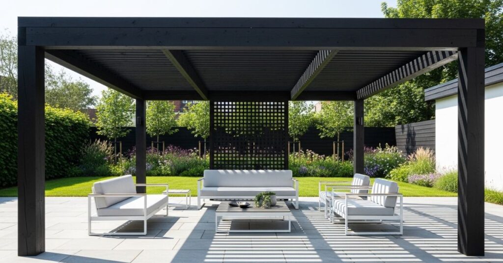 Black Stained Wooden Pergola for Modern Contrast Look