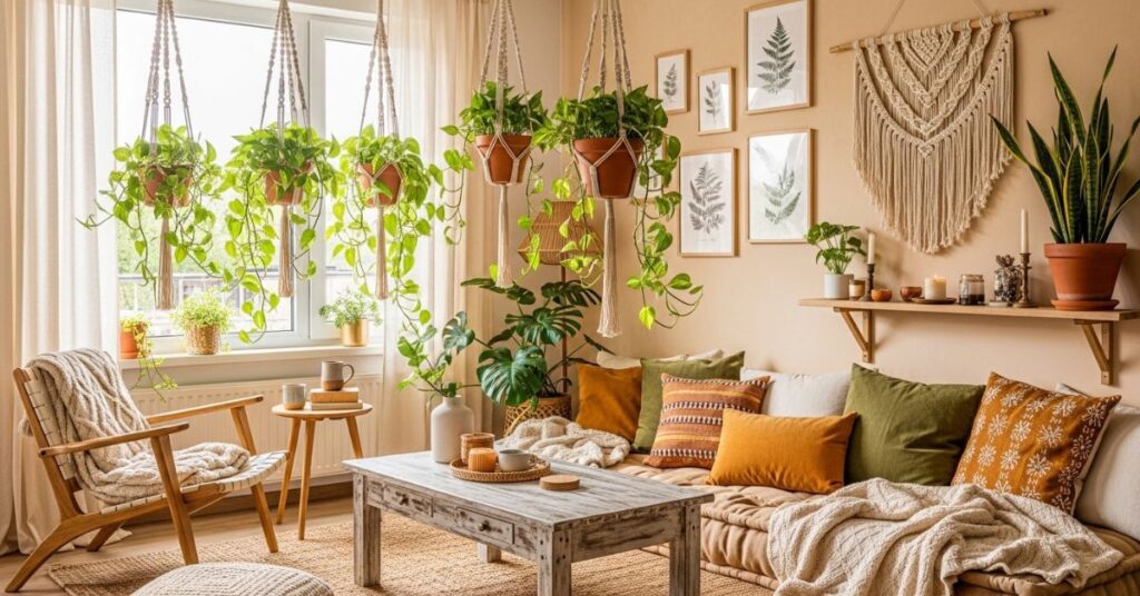 Boho Style Living Room With Hanging Plants
