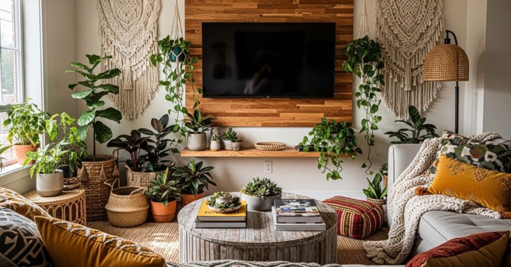 Boho Style TV Wall with Decor Accents