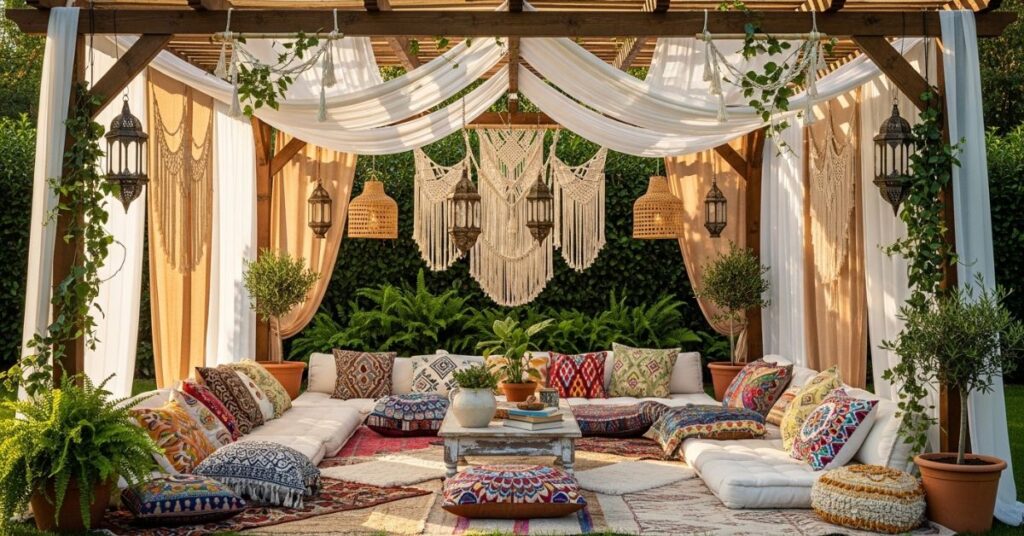 Boho Style Wooden Pergola with Fabric Drapes and Cushions