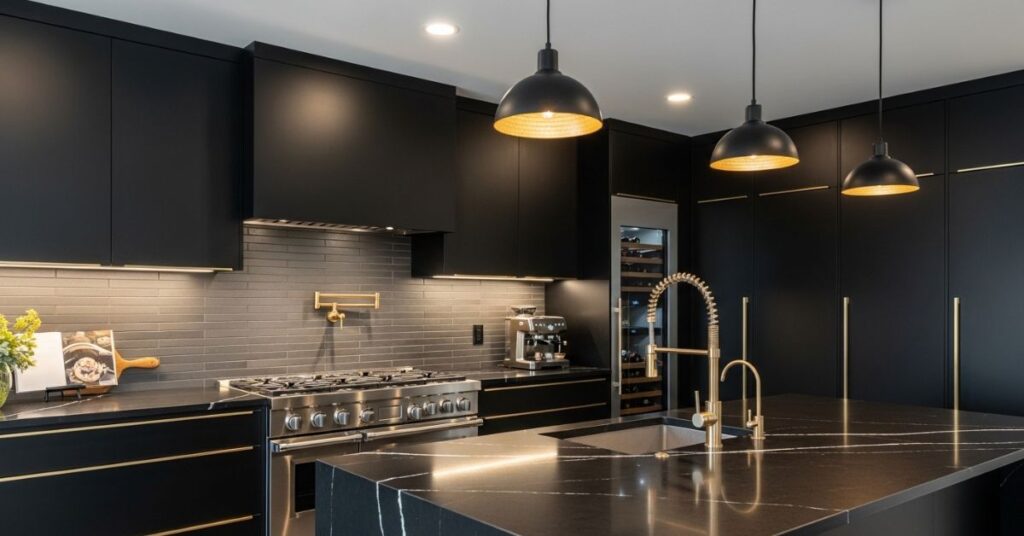 Bold Black Cabinets with Gold Accents