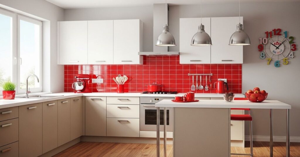Bright Red Accents in a Neutral Kitchen