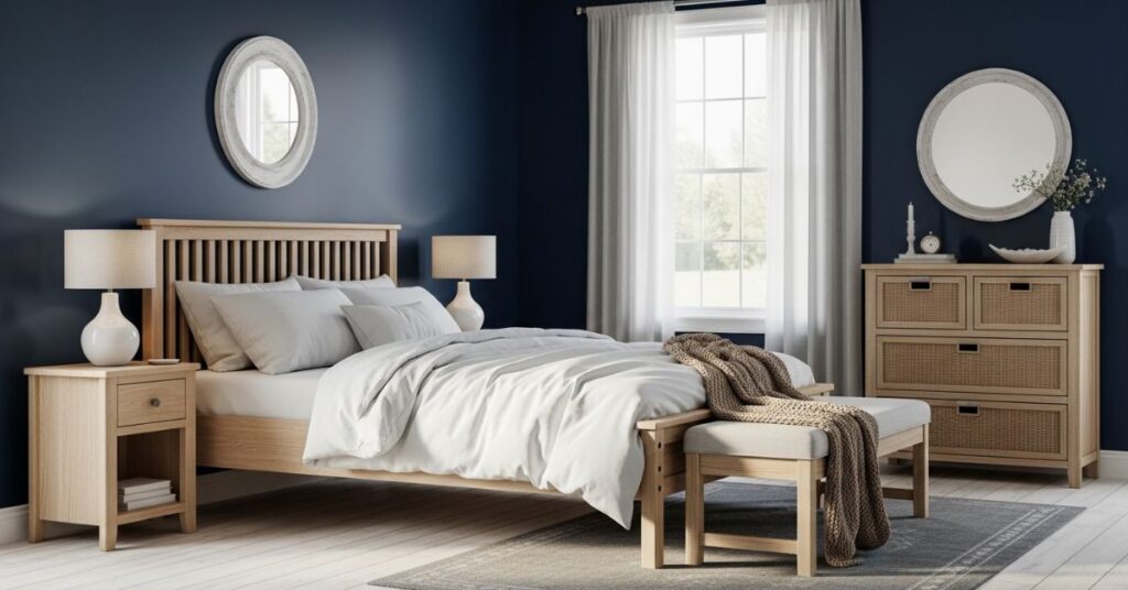 Coastal Dark Blue Bedroom with Light Wood
