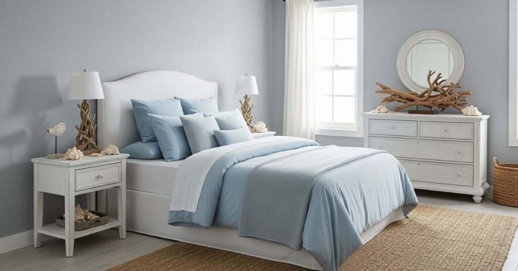 Coastal Gray Bedrooms with Light Blue Accents